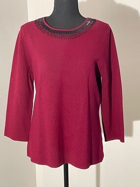 Brooks Brothers Red Long-Sleeve Top with Bead-Embellished Neckline